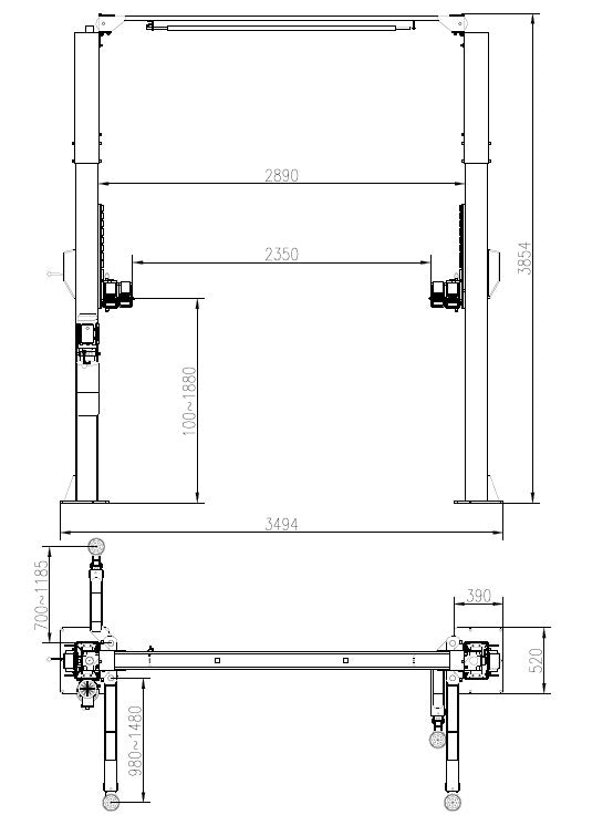 2-post car lift, 12,000lb capacity, in a shop bay