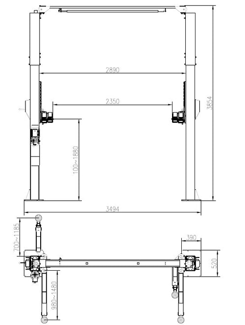 2-post car lift, 12,000lb capacity, in a shop bay