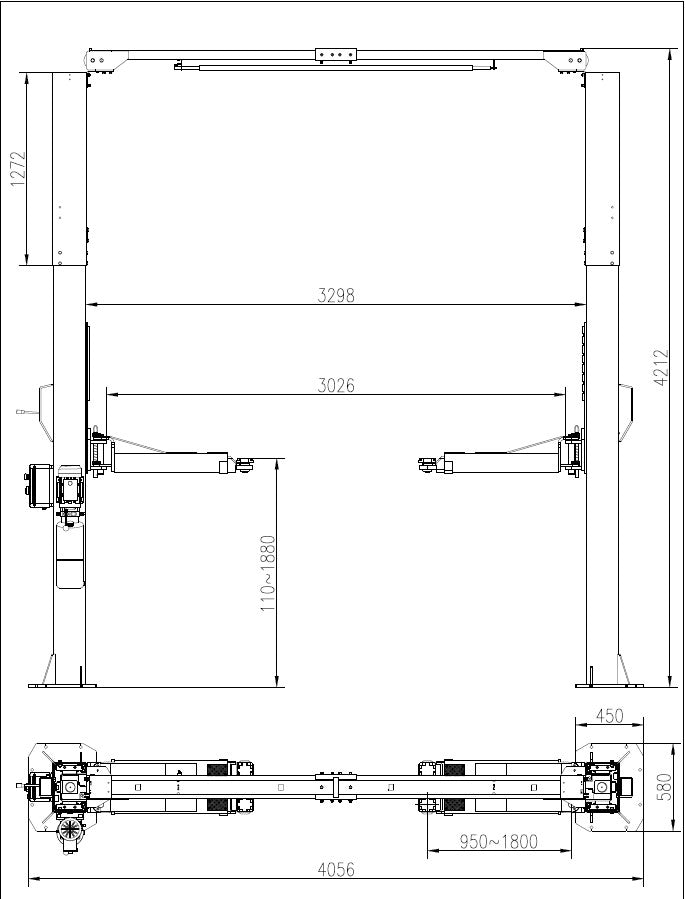 2-post car lift, 14,000lb capacity, in a shop bay