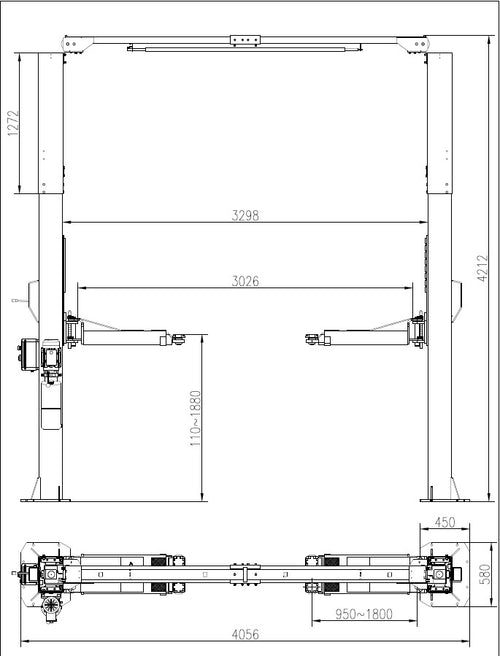 2-post car lift, 14,000lb capacity, in a shop bay